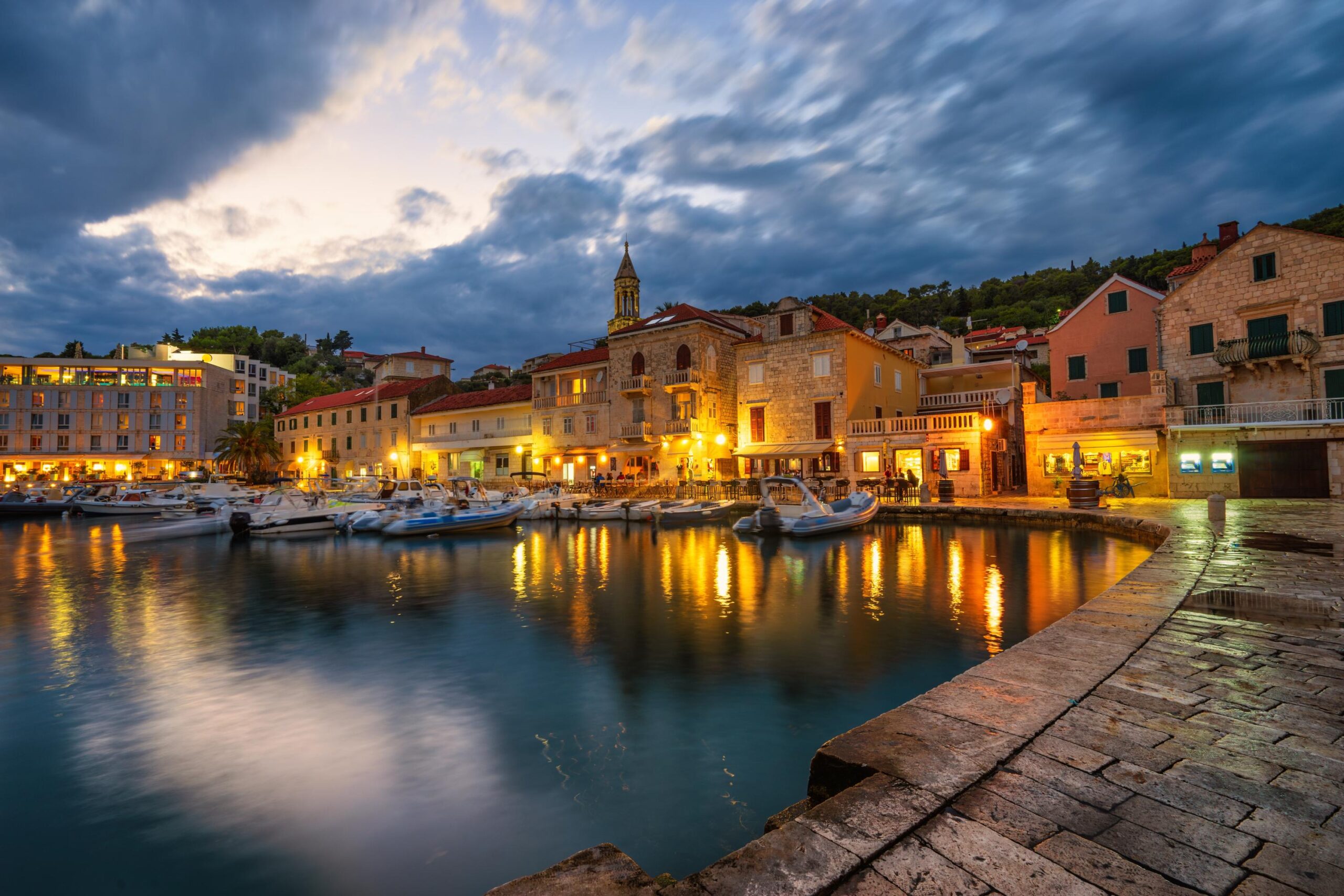 Scenic coast of town Hvar at dusk in Croatia