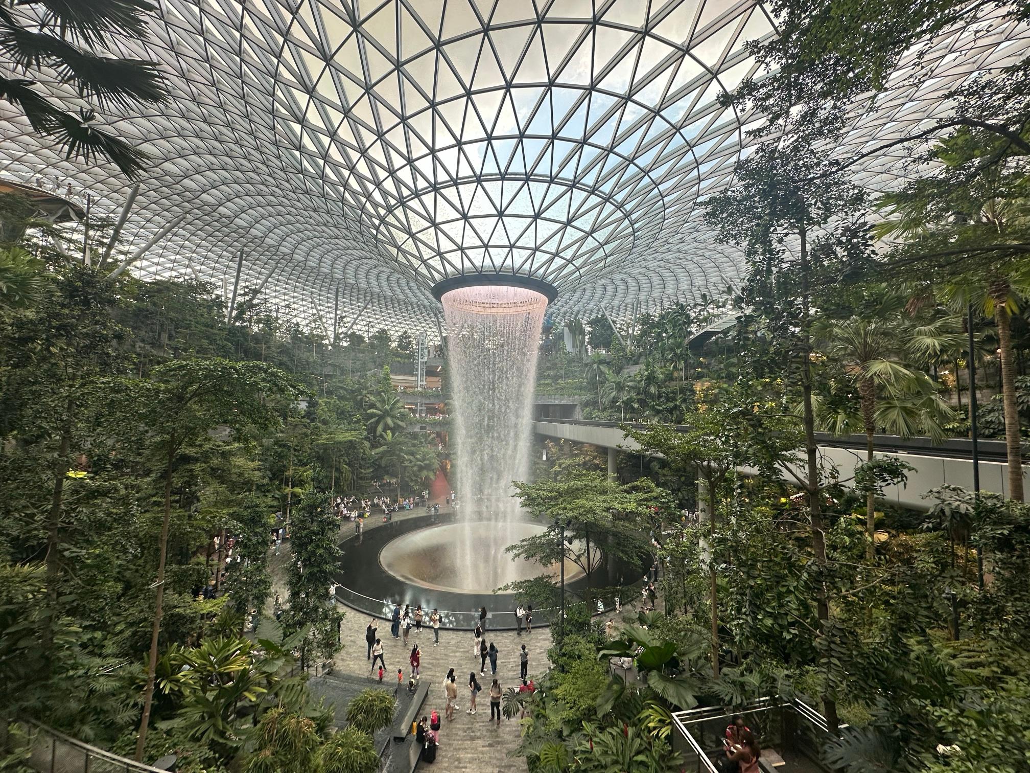 Interior waterfall inside Singapore’s Changi Airport.